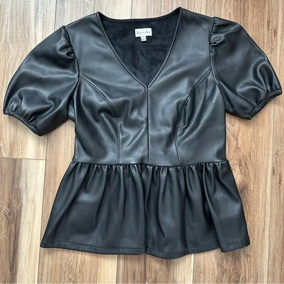 Kit & Sky Faux Leather Peplum Top Black Size Small Soft Lined Vegan Leather - Picture 1 of 8